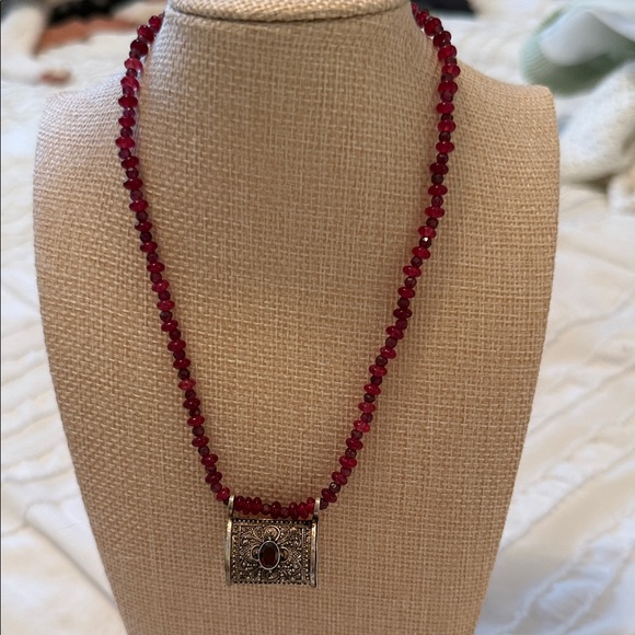 FRIENDS TV Show- Phoebe’s necklace -garnet Beaded Necklace with sterling Pendant